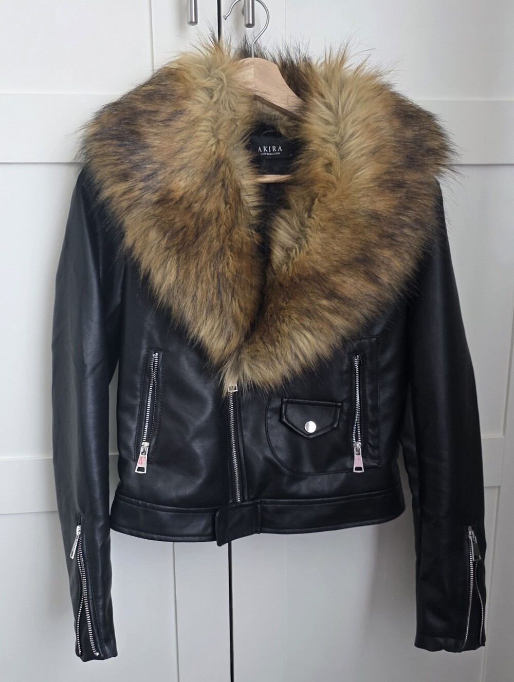 Black Faux Leather Jacket with Brown Fur Collar